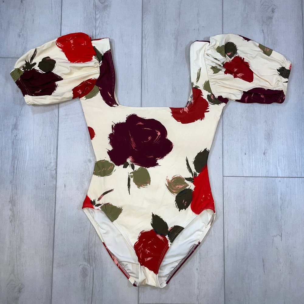 KATE SPADE Printed Puffed-Sleeve One-Piece Swimsuit Ivory Floral Women's Sz Med